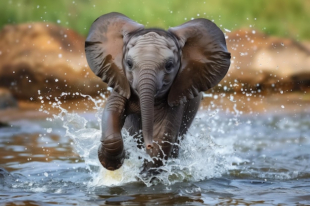 Photo cute baby elephant playing in the water