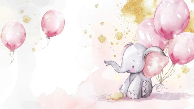 Cute baby elephant playing with balloon watercolor illustration with pink background