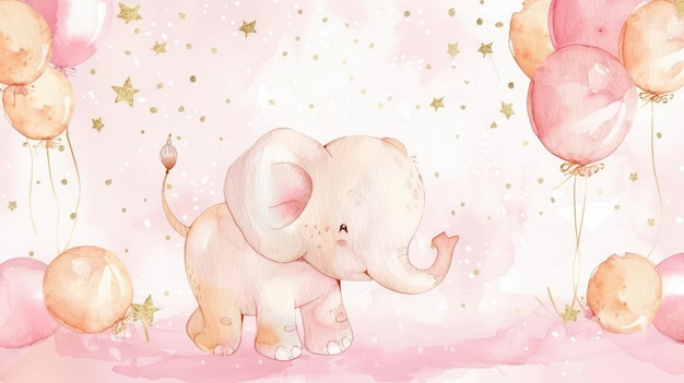 Cute baby elephant playing with balloon watercolor illustration with pink background