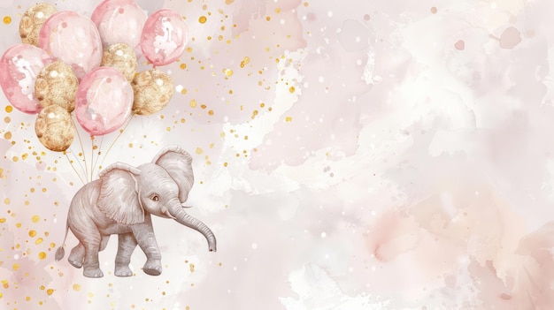 Cute baby elephant playing with balloon watercolor illustration with pink background