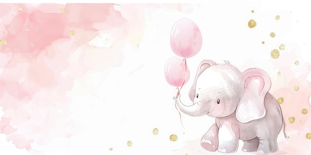 Cute baby elephant playing with balloon watercolor illustration with pink background