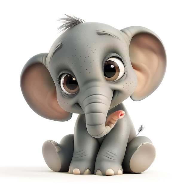 A cute baby elephant smiling and looking at the camera with big eyes white background cartoon style