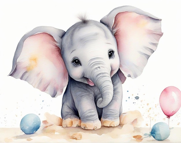 Cute baby elephant watercolor illustration