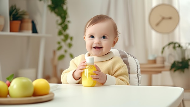 cute baby enjoying apples and water in a yellow bottle while sitting in a high chair