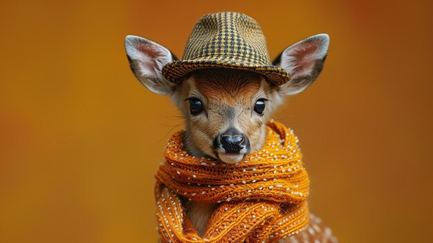 Cute Baby Fawn Wearing a Hat and Scarf