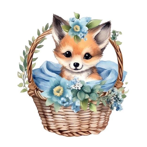 Cute baby Floral fox watercolor illustration