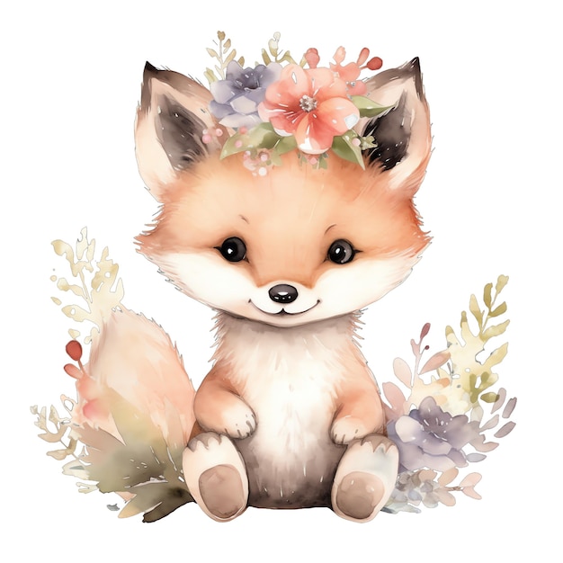 Cute baby Floral fox watercolor illustration