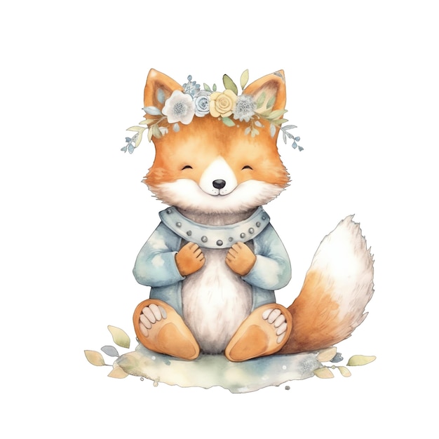 Cute baby Floral fox watercolor illustration