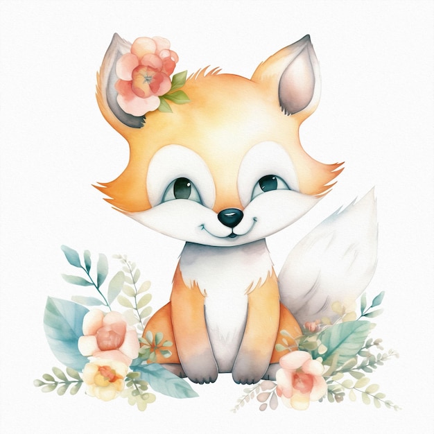 Cute baby fox pastel colors flowers watercolor illustration