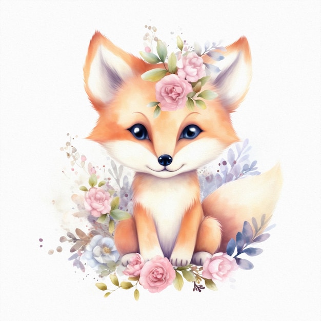 Cute baby fox pastel colors flowers watercolor illustration