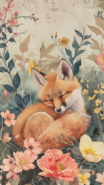 Cute baby fox postcard wildlife painting blossom