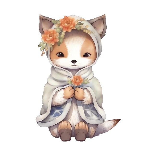 Cute baby Fox with clothes watercolor illustration