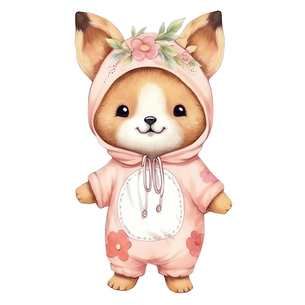 Cute baby Fox with clothes watercolor illustration