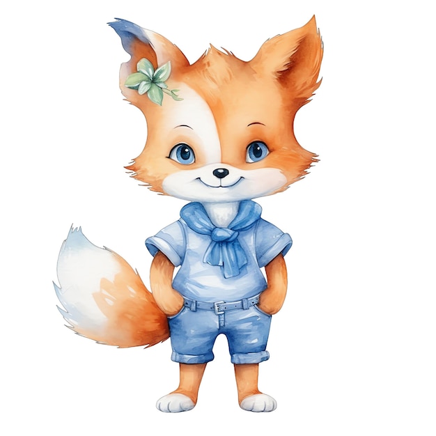 Cute baby Fox with clothes watercolor illustration