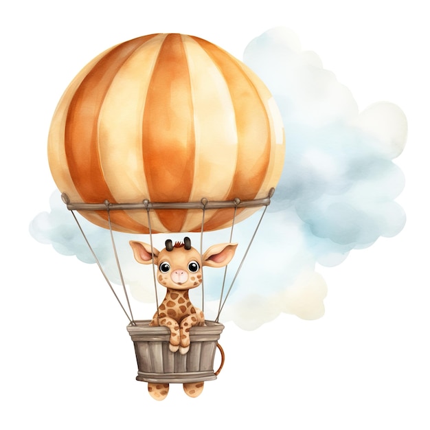 Cute Baby Giraffe in Hot Air Balloon Watercolor Clipart for Baby's Birthday Nursery Decoration