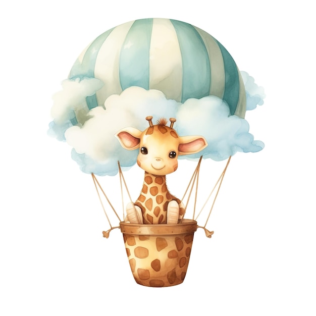 Cute Baby Giraffe in Hot Air Balloon Watercolor Clipart for Baby's Birthday Nursery Decoration