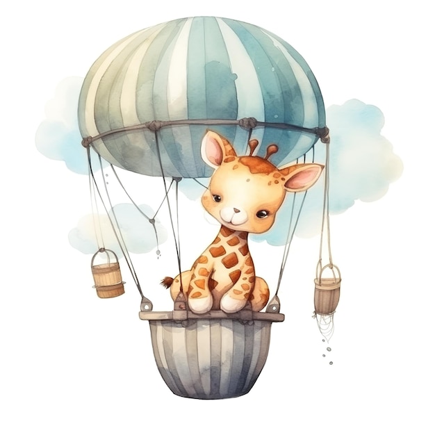 Cute Baby Giraffe in Hot Air Balloon Watercolor Clipart for Baby's Birthday Nursery Decoration