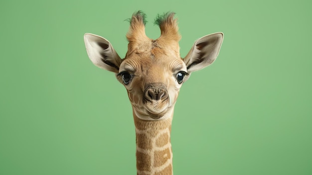 A cute baby giraffe stares directly at the camera with a curious expression