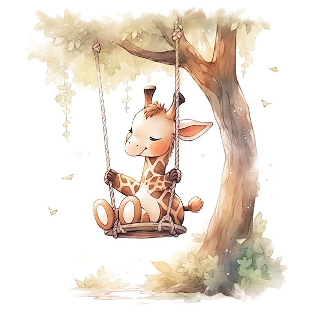 Cute baby giraffe on swings on the tree in watercolor style