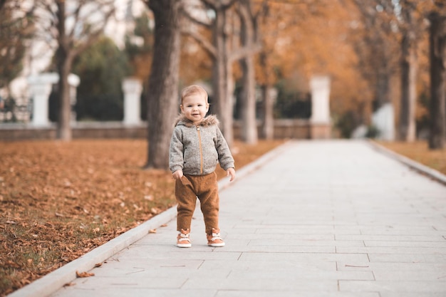 Cute baby girl 12 year old wearig casual stylish cloth walk in autumn park with fallen leaves outdoor Childhood