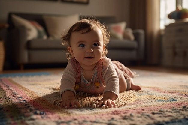 Cute baby girl crawling on a carpet in the living room