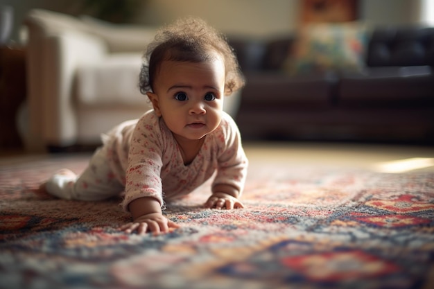 Cute baby girl crawling on a carpet in the living room