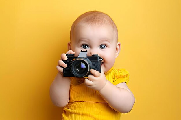 Photo cute baby girl enjoys photography adorable child explores vintage camera on yellow background