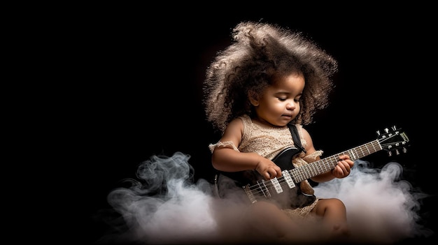 cute baby girl playing guitar and smoke with black background