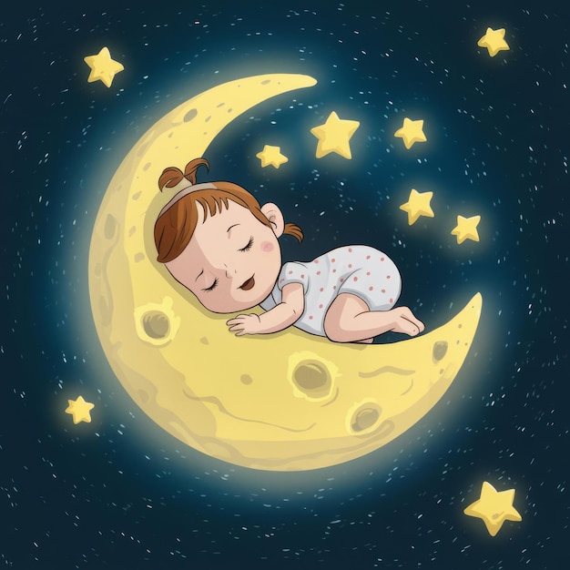 Cute baby girl sleeping on the moon