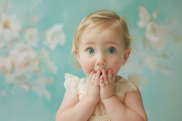 Photo cute baby girl toddler wow face close up on plain background