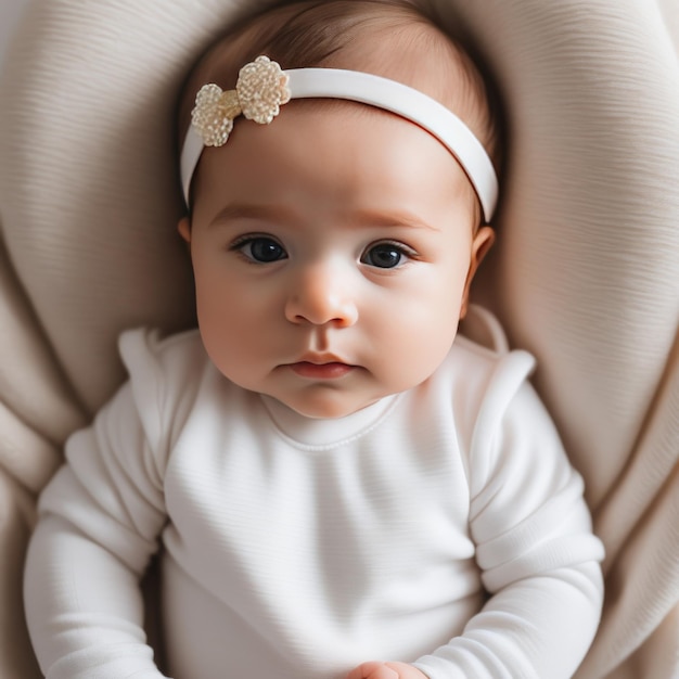 cute baby girl with a big white eyes lying on the bed and smiling cute baby girl with a big whi