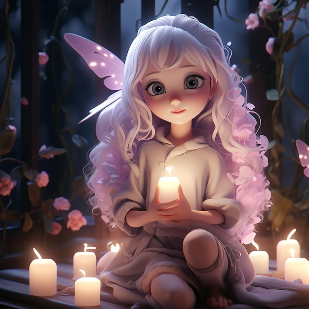 Cute baby girl with purple hairs playing with candles