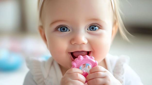 Photo cute baby girl with teething toy at home closeup