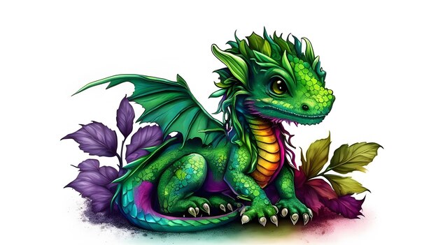 Cute Baby Green Dragon Sitting isolated on white Generative AI