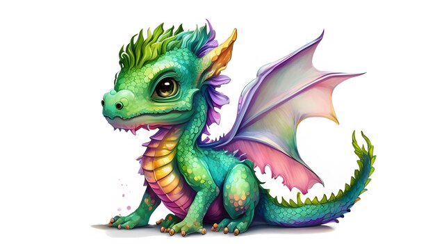 Cute Baby Green Dragon Sitting isolated on white Generative AI