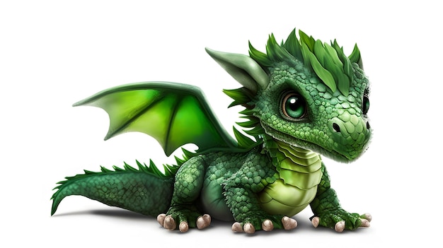 Cute Baby Green Dragon Sitting isolated on white Generative AI