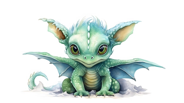 Cute Baby Green Dragon Sitting isolated on white Generative AI