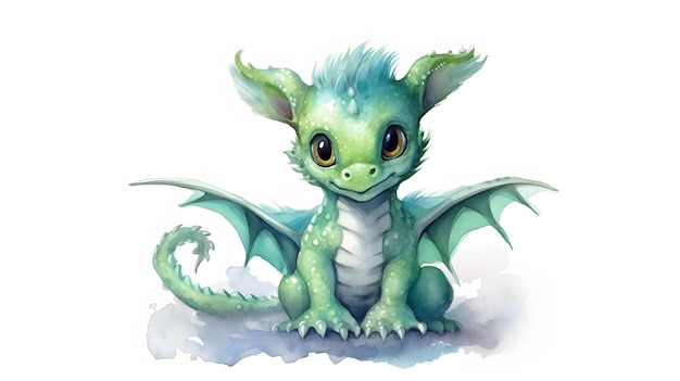 Cute Baby Green Dragon Sitting isolated on white Generative AI