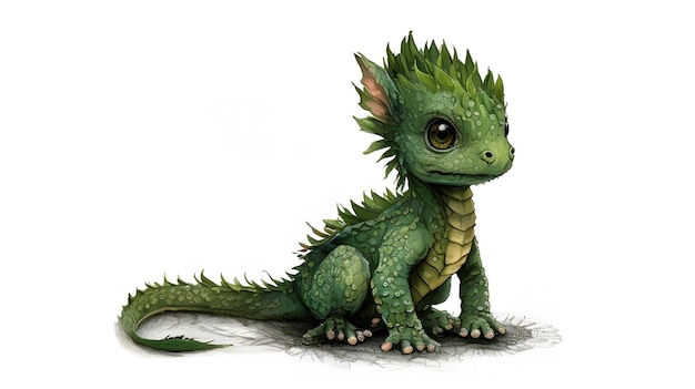 Cute Baby Green Dragon Sitting isolated on white Generative AI