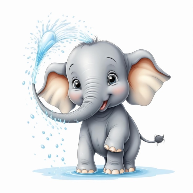 A cute baby happy cartoon elephant spraying water from its trunk