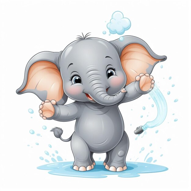 A cute baby happy cartoon elephant spraying water from its trunk