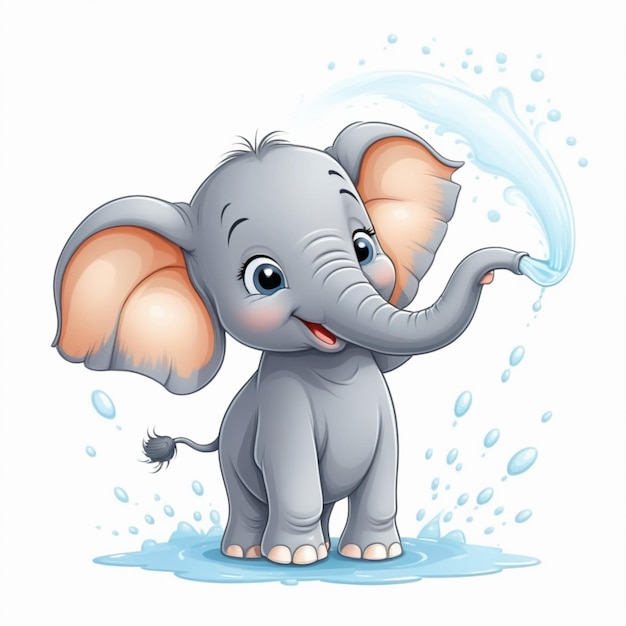 A cute baby happy cartoon elephant spraying water from its trunk