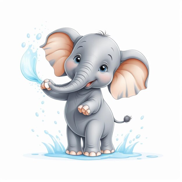 A cute baby happy cartoon elephant spraying water from its trunk