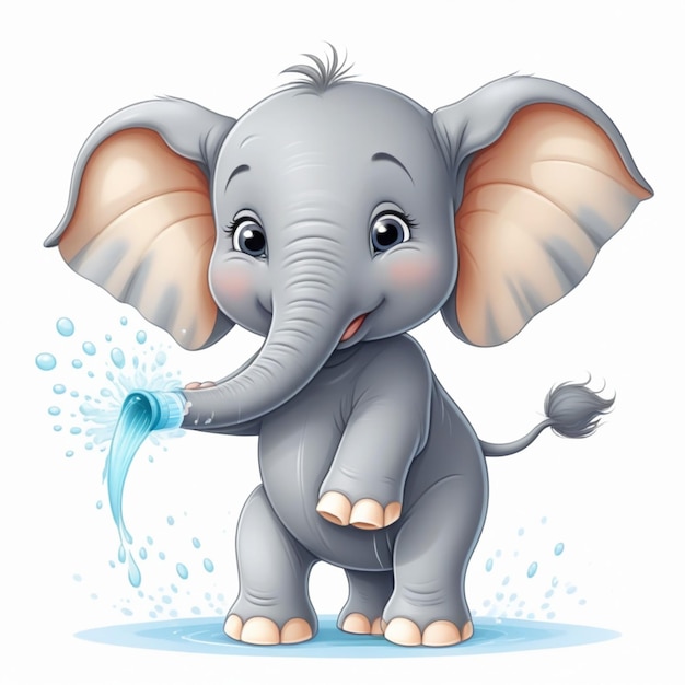 Photo a cute baby happy cartoon elephant spraying water from its trunk