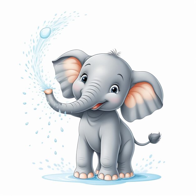 A cute baby happy cartoon elephant spraying water from its trunk