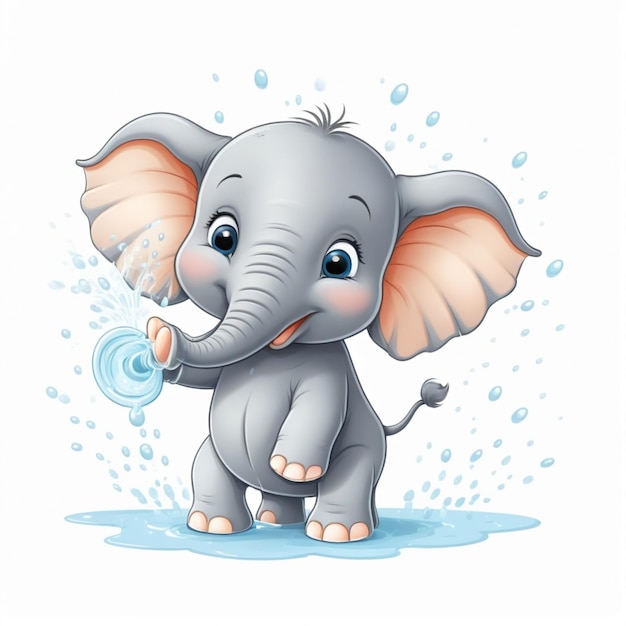 Photo a cute baby happy cartoon elephant spraying water from its trunk