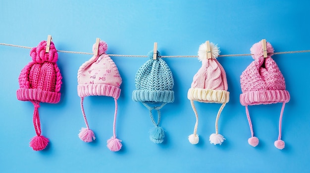 Photo cute baby hats perched on a clothesline