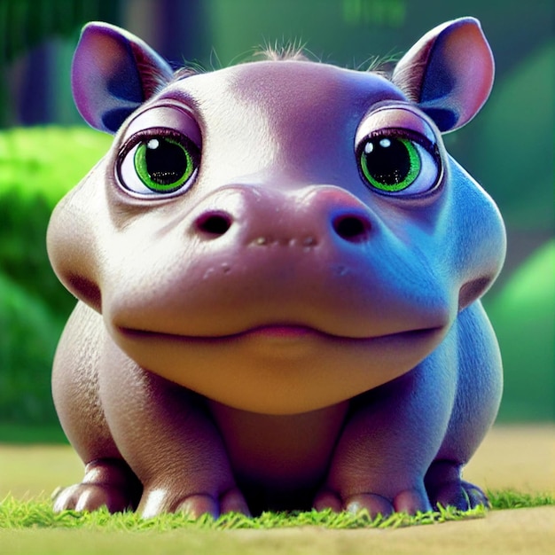 Cute baby hippo hippopotamus with big eyes 3D rendering cartoon illustration