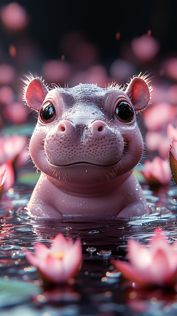 A cute baby hippopotamus with big eyes peeks out of the water surrounded by pink water lilies