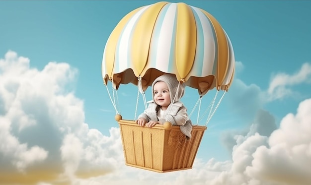 Cute baby is flying in a small hot air balloon generative ai